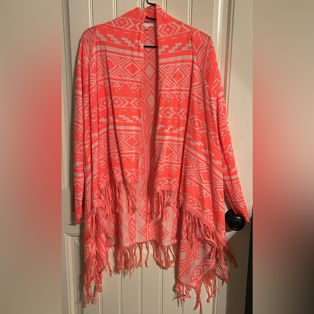 Vibrant Coral Aztec Sweater with Fringe